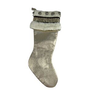 Gold Metallic Christmas Stocking Faux Fur Cuff Brocade Trim Buttons Holiday